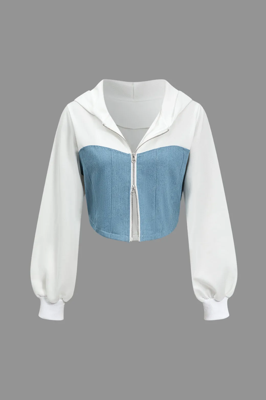 Color Block Denim Patchwork Hooded Zipper Jacket And Trousers Set