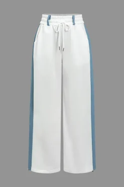 Color Block Denim Patchwork Hooded Zipper Jacket And Trousers Set