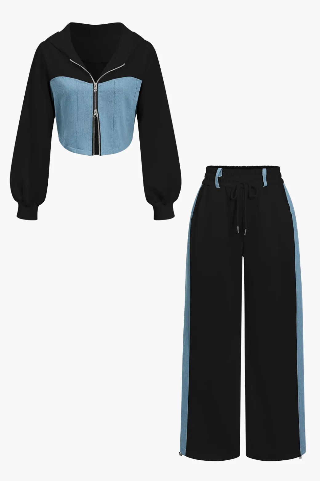 Color Block Denim Patchwork Hooded Zipper Jacket And Trousers Set
