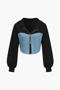 Color Block Denim Patchwork Hooded Zipper Jacket And Trousers Set