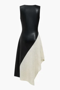 Color Block Draped Cowl Neck Asymmetrical Midi Dress