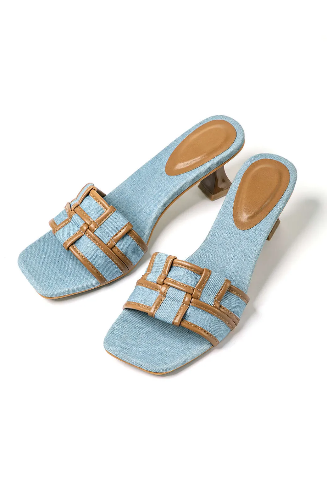 Color Block Faux Leather Denim Contrast Binding Asymmetrical Open Toe Mid Heel Sandals