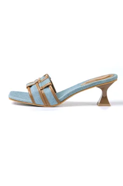 Color Block Faux Leather Denim Contrast Binding Asymmetrical Open Toe Mid Heel Sandals