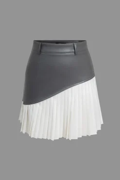 Color Block Faux Leather Pleated Asymmetrical Skirt