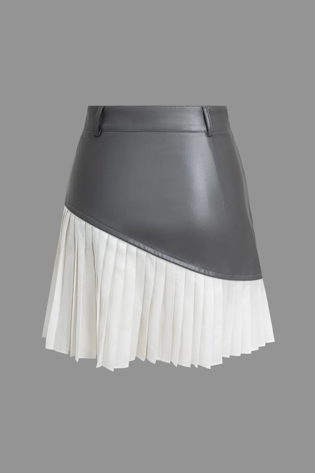 Color Block Faux Leather Pleated Asymmetrical Skirt