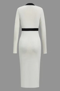 Color Block Knit Button Long-Sleeve Dress