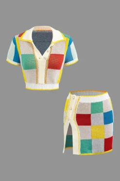 Color Block Knit Top and Split Mini Skirt Set
