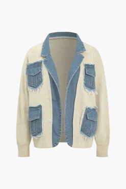 Color Block Patchwork Denim Sweater Cardigan