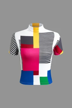 Color Block Patchwork Mock Neck T-shirt
