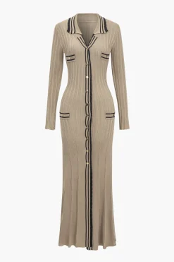 Color Block Print Knit Button Metallic Fake Pockets Dress