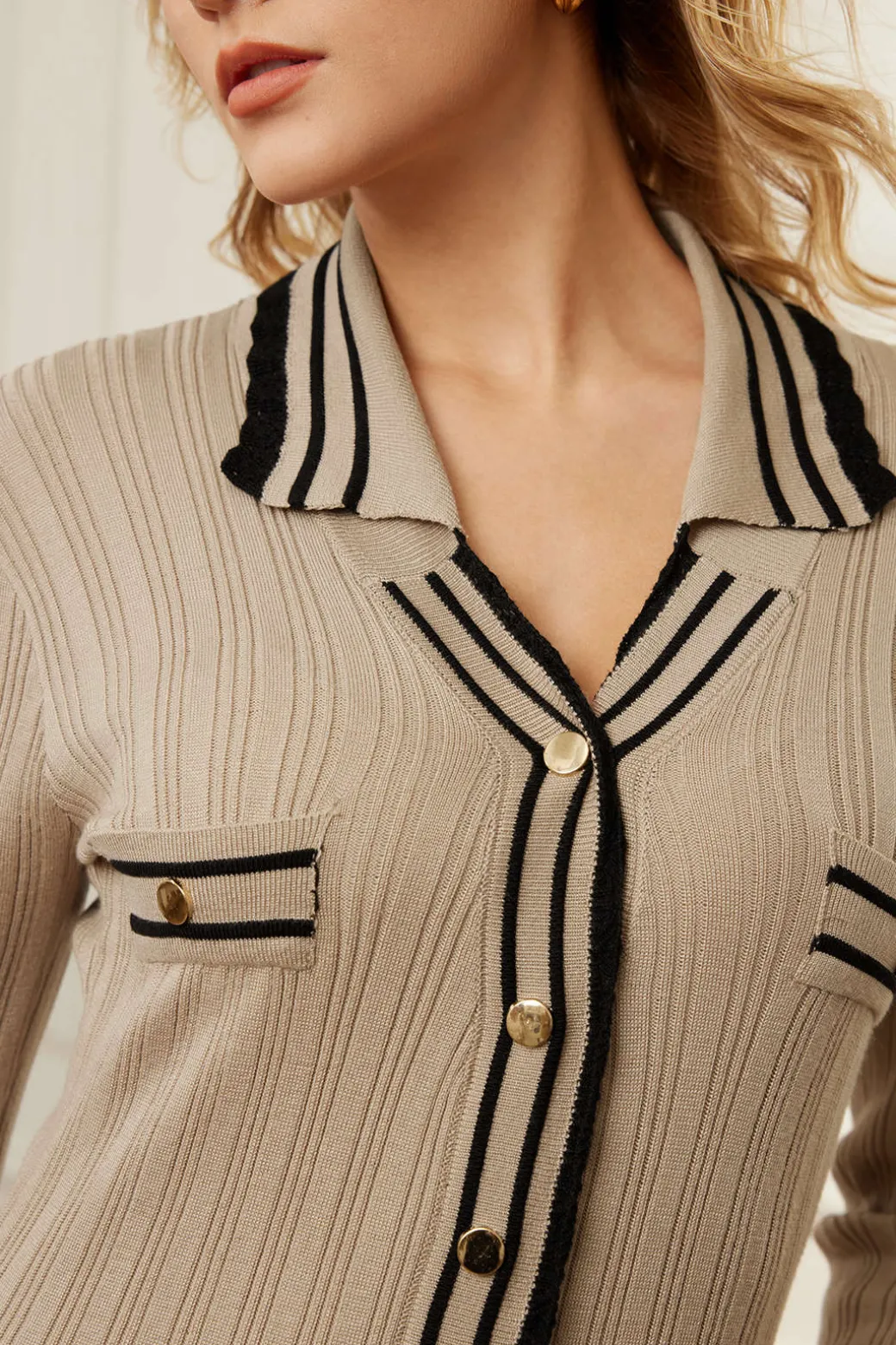 Color Block Print Knit Button Metallic Fake Pockets Dress