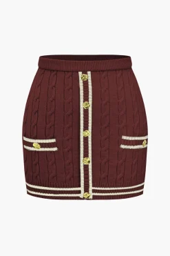 Color Block Print Knit Button Skirt