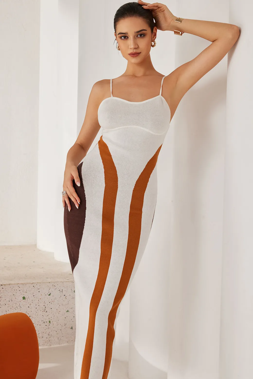 Color Block Print Knit Slip Maxi Dress