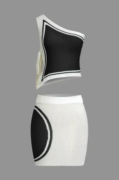 Color Block Print Knit Tie Side Asymmetrical Mini Skirt Set