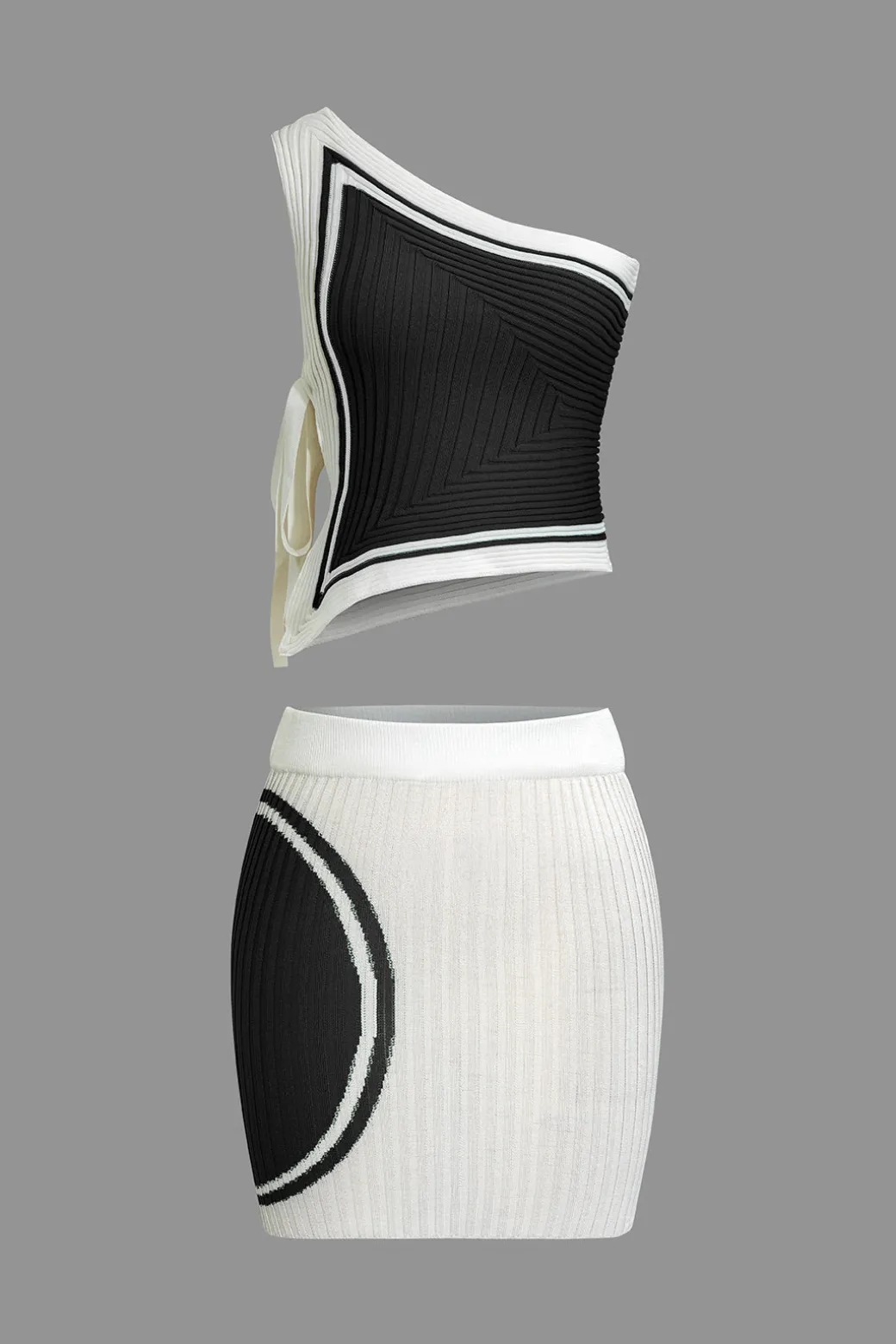 Color Block Print Knit Tie Side Asymmetrical Mini Skirt Set