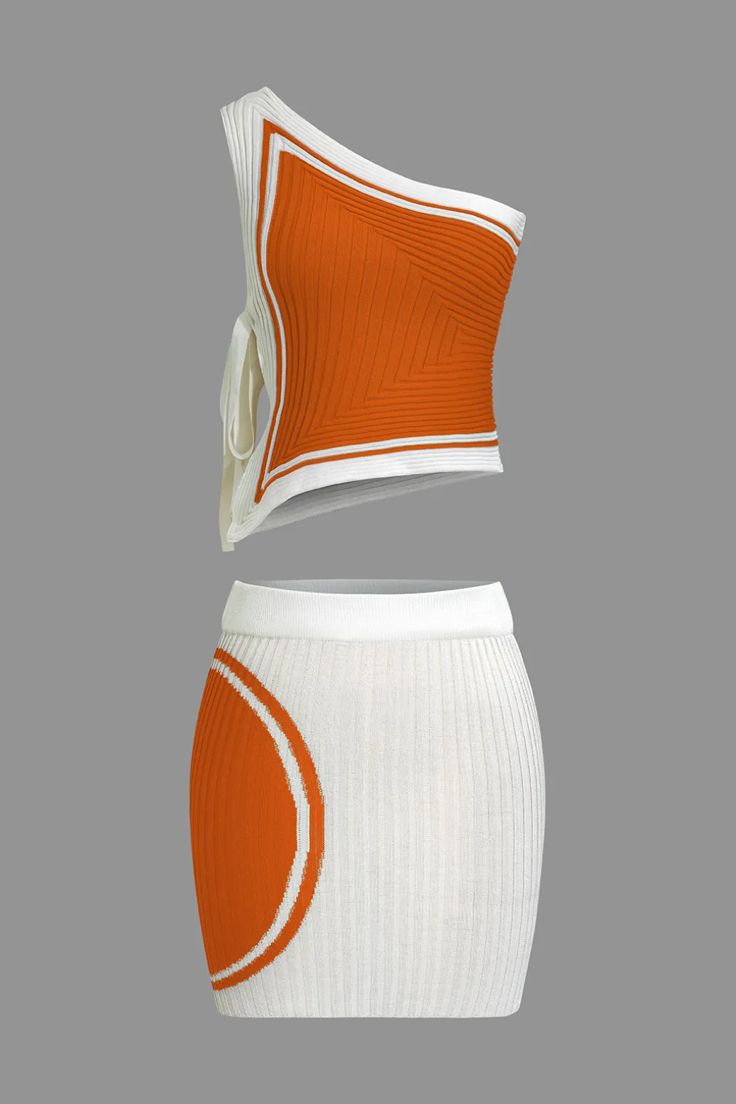 Color Block Print Knit Tie Side Asymmetrical Mini Skirt Set
