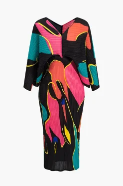 Color Block Print Pleated V-Neck Batwing Sleeves Maxi Dress