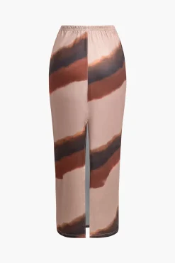 Color Block Print Slit Midi Skirt