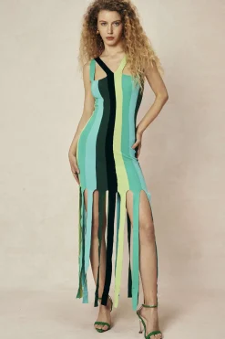 Colorblock Fringe Hem Sleeveless Knit Dress