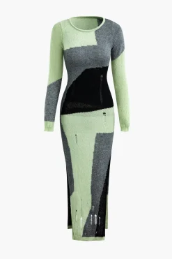 Colorblock Knit Destroyed Slit Midi Dress