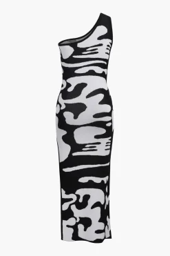 Colorblock One Shoulder Slit Knit Dress