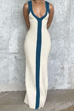 Colorblock V-neck Ribbed Split Maxi Dress