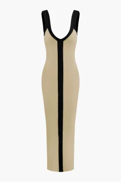 Colorblock V-neck Ribbed Split Maxi Dress