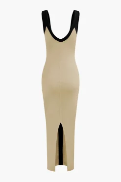 Colorblock V-neck Ribbed Split Maxi Dress