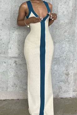 Colorblock V-neck Ribbed Split Maxi Dress