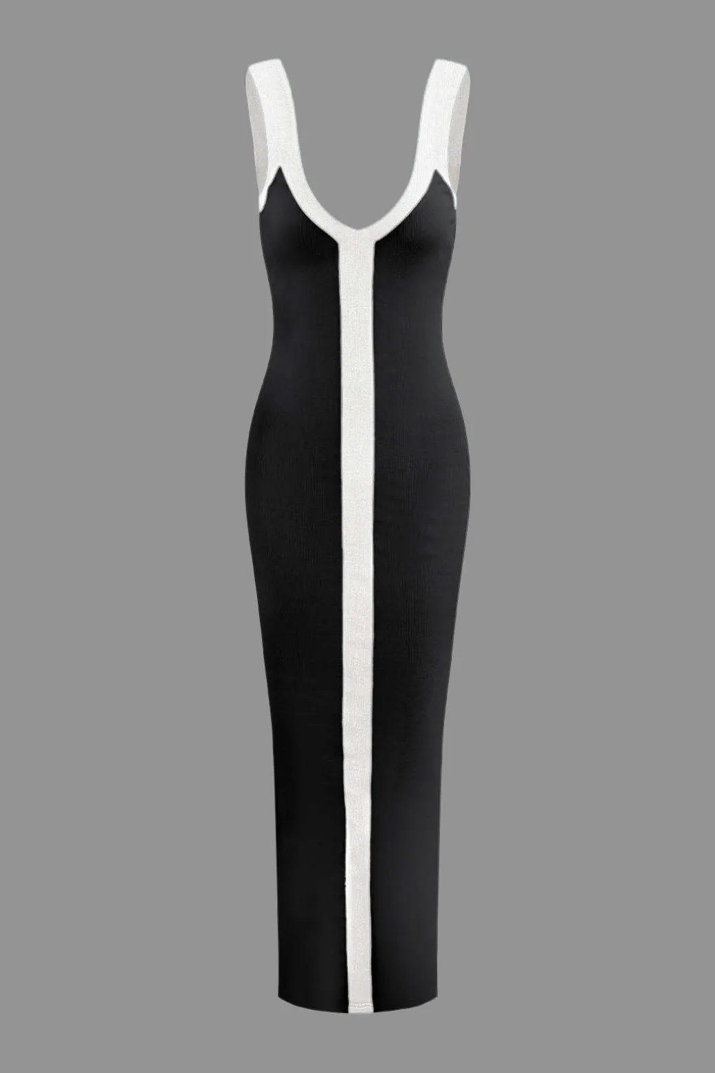 Colorblock V-neck Ribbed Split Maxi Dress