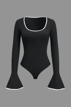 Contrast Binding Long Sleeve Bell Sleeve Bodysuit