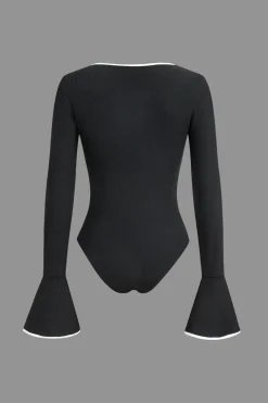Contrast Binding Long Sleeve Bell Sleeve Bodysuit