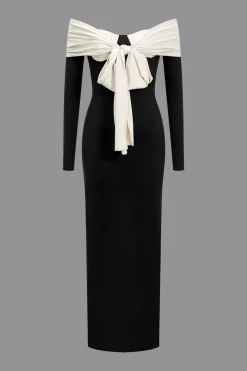 Contrast Bow Long Sleeve Midi Dress