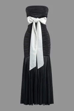Contrast Bowtie Cut Out Strapless Ruched Maxi Dress