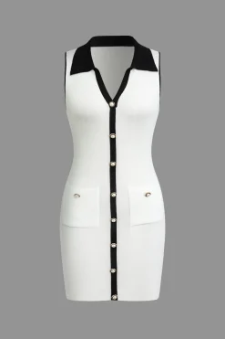 Contrast Button Up Collared Sleeveless Knit Mini Dress