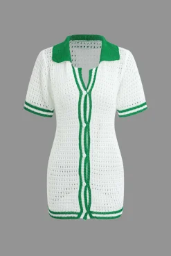 Contrast Button Up Short Sleeve Cardigan Hollow Out Knit Mini Dress