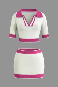 Contrast Collar Crop Knit Top And Mini Skirt Set