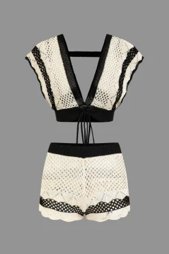 Contrast Crochet V-Neck Knit Shorts Set