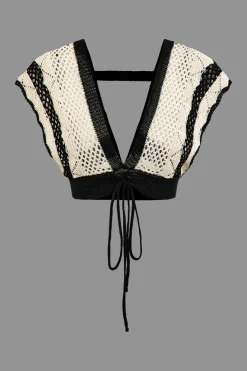 Contrast Crochet V-Neck Knit Shorts Set