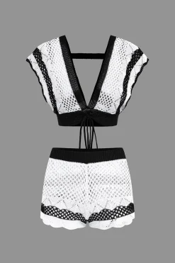 Contrast Crochet V-Neck Knit Shorts Set
