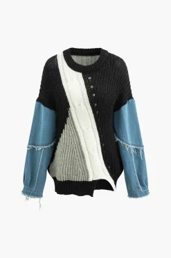 Contrast Denim Stitching Round Neck Sweater