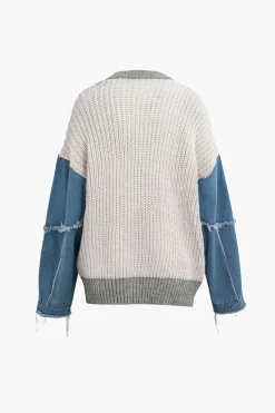 Contrast Denim Stitching Round Neck Sweater
