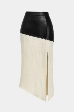 Contrast Faux Leather And Linen Slit Asymmetrical Skirt