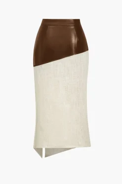 Contrast Faux Leather And Linen Slit Asymmetrical Skirt
