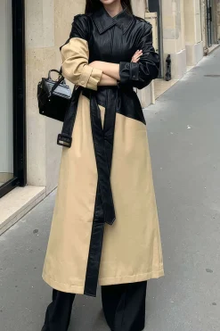 Contrast Faux Leather Patchwork Pocket Belted Coat