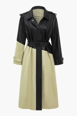 Contrast Faux Leather Patchwork Pocket Belted Coat