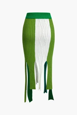 Contrast Fringe Hem Knit Midi Skirt