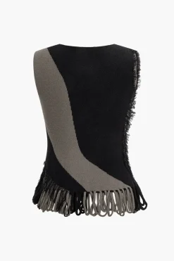 Contrast Fringe Sweater Tank Top