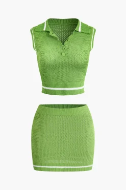 Contrast Hollow Out Tank Top And Mini Skirt Set