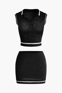 Contrast Hollow Out Tank Top And Mini Skirt Set